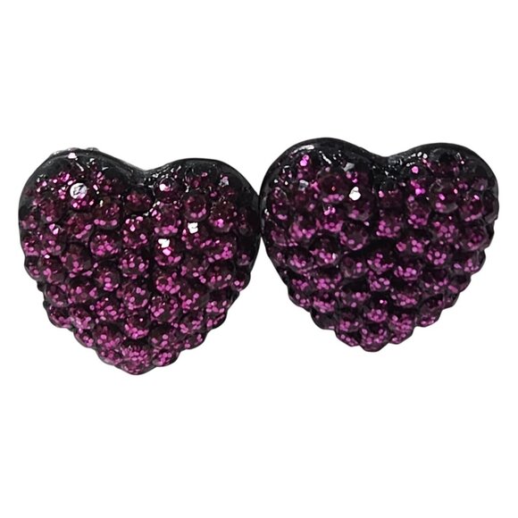Retro Glittery Heart Shaped Stud Earrings Purple Rhinestones Valentines Day - Picture 1 of 3